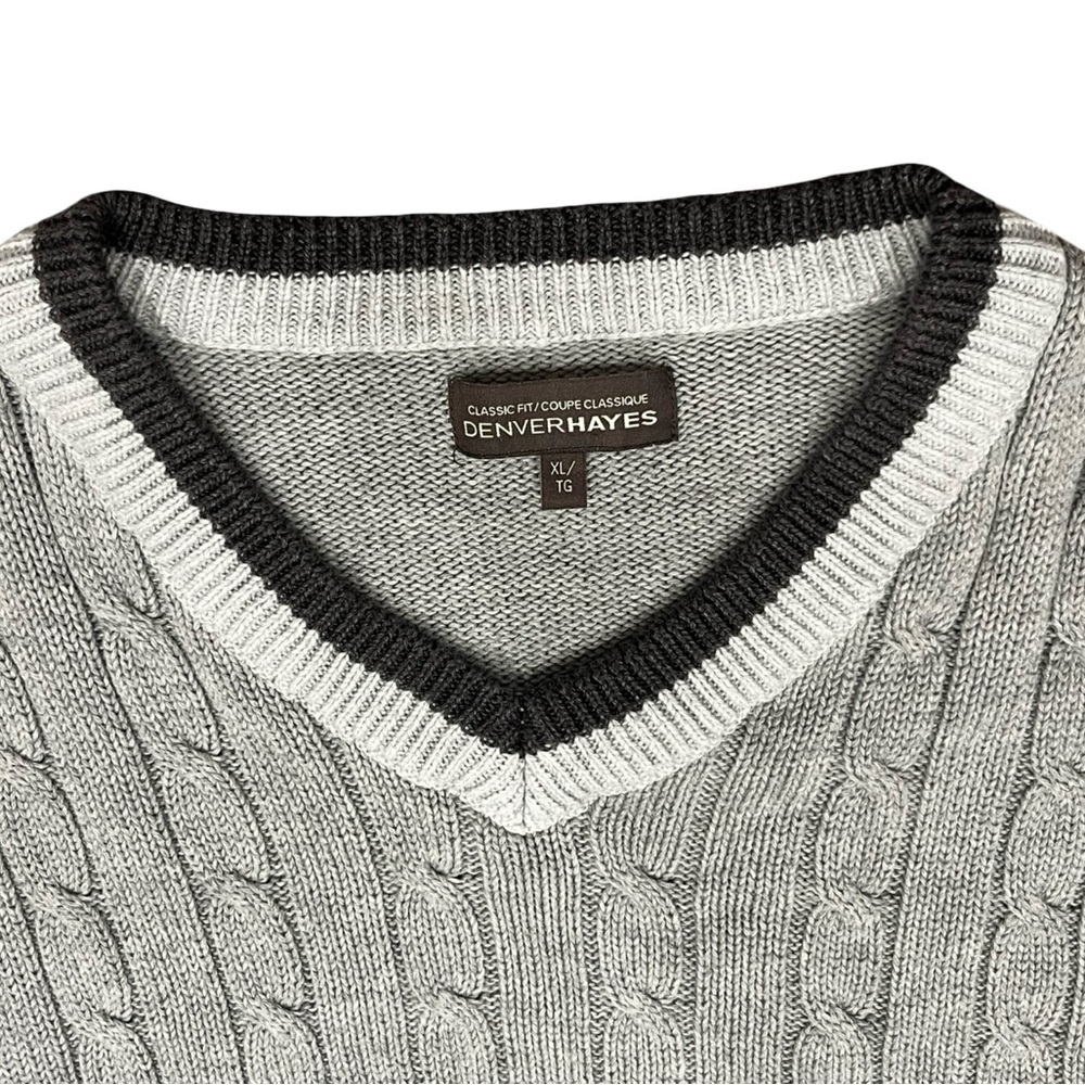 Denver Hayes Gray Cable Knit Sweater V-Neckline Preppy Academia Old Money XL - Picture 3 of 6